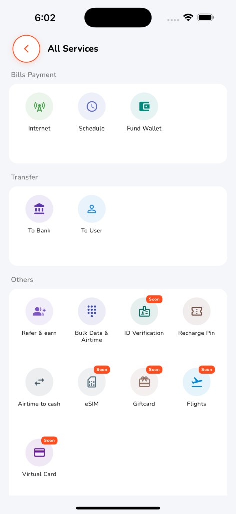 PremiumSub mobile app — All Services screen with bills, transfers and more